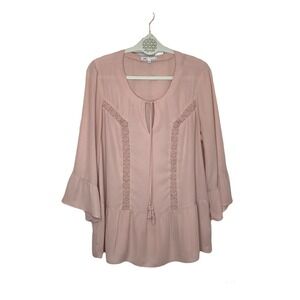 DR2‎ Daniel Rainn  Sz L Pullover Top Tunic Belle Sleeve Blush Peplum Tassel Tie